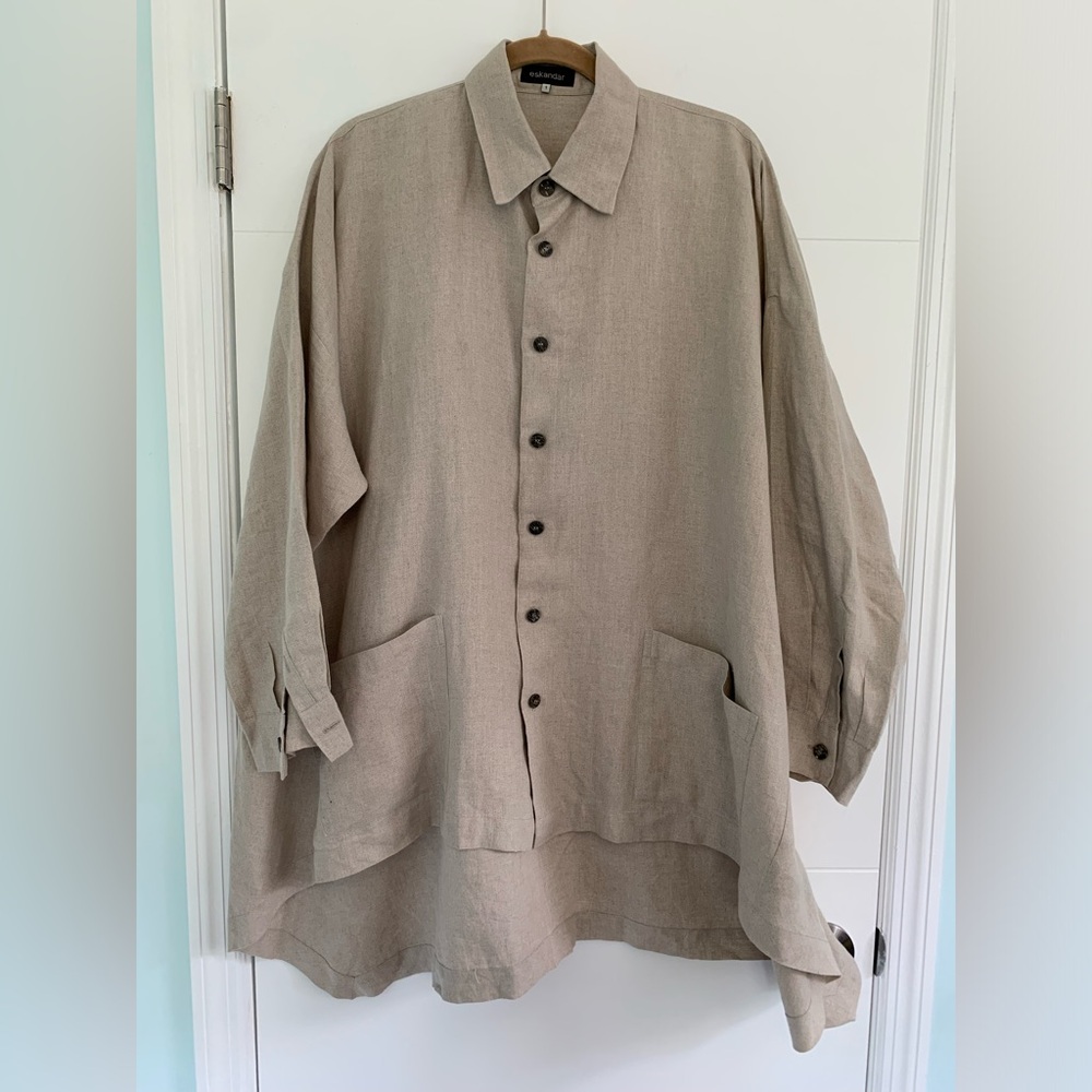 Eskandar Wide Longer Back A-Line Collar Shirt Long Linen Slits Beige 1